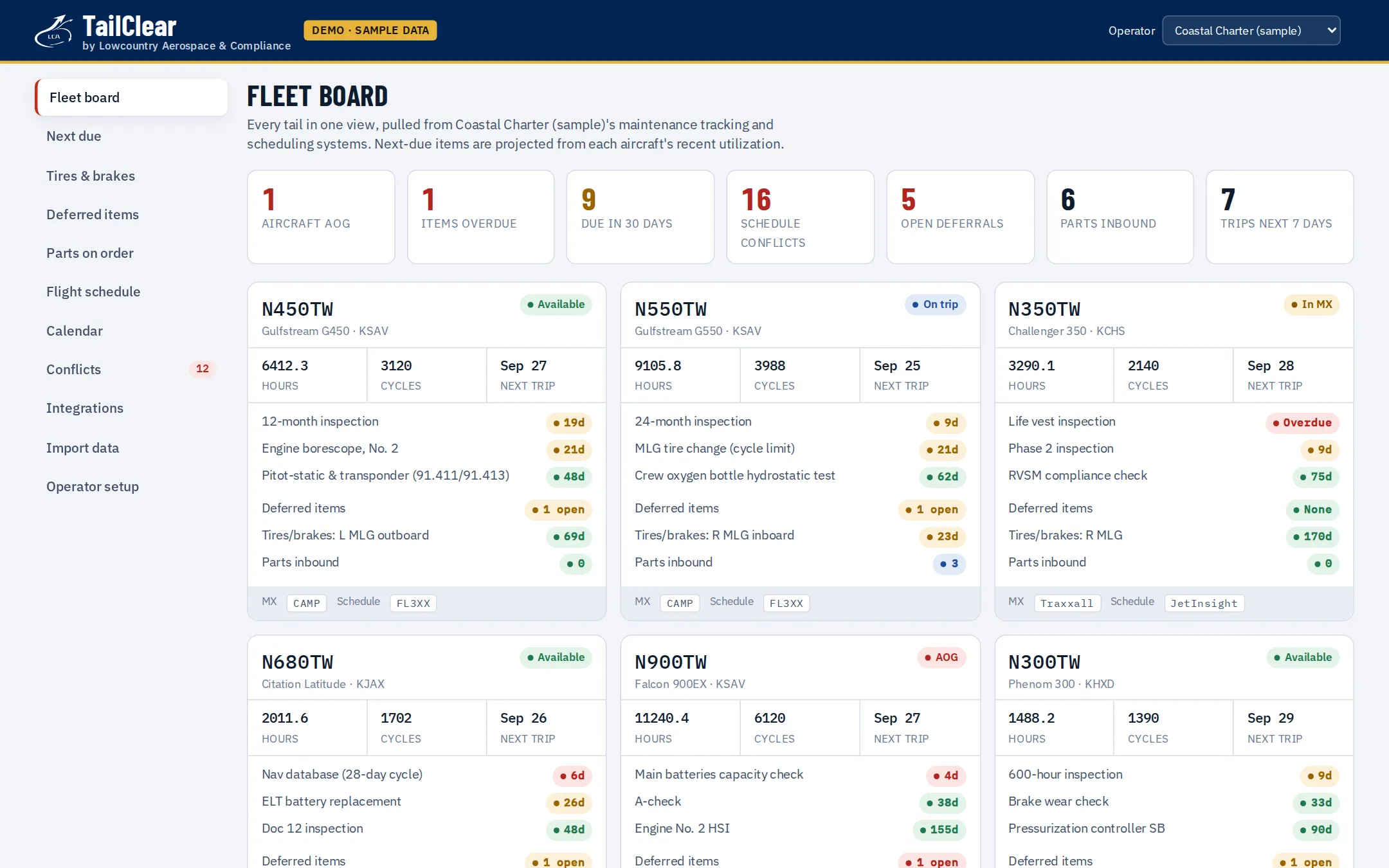 TailClear fleet board showing aircraft status, next due items and schedule conflicts